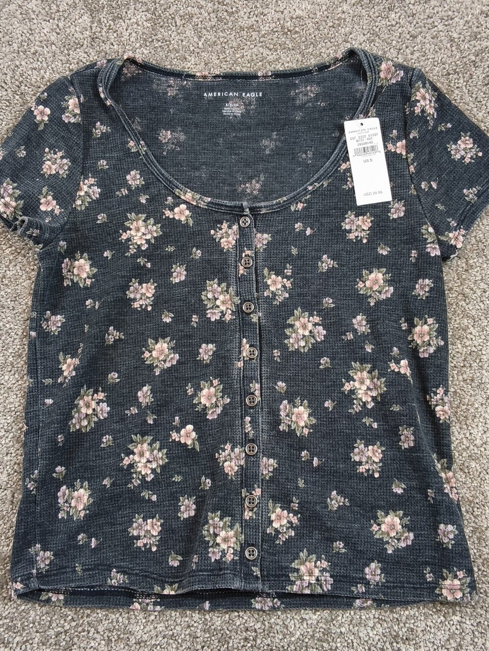 American Eagle Washed Out Look Floral Button Front Top Size Small  Blue